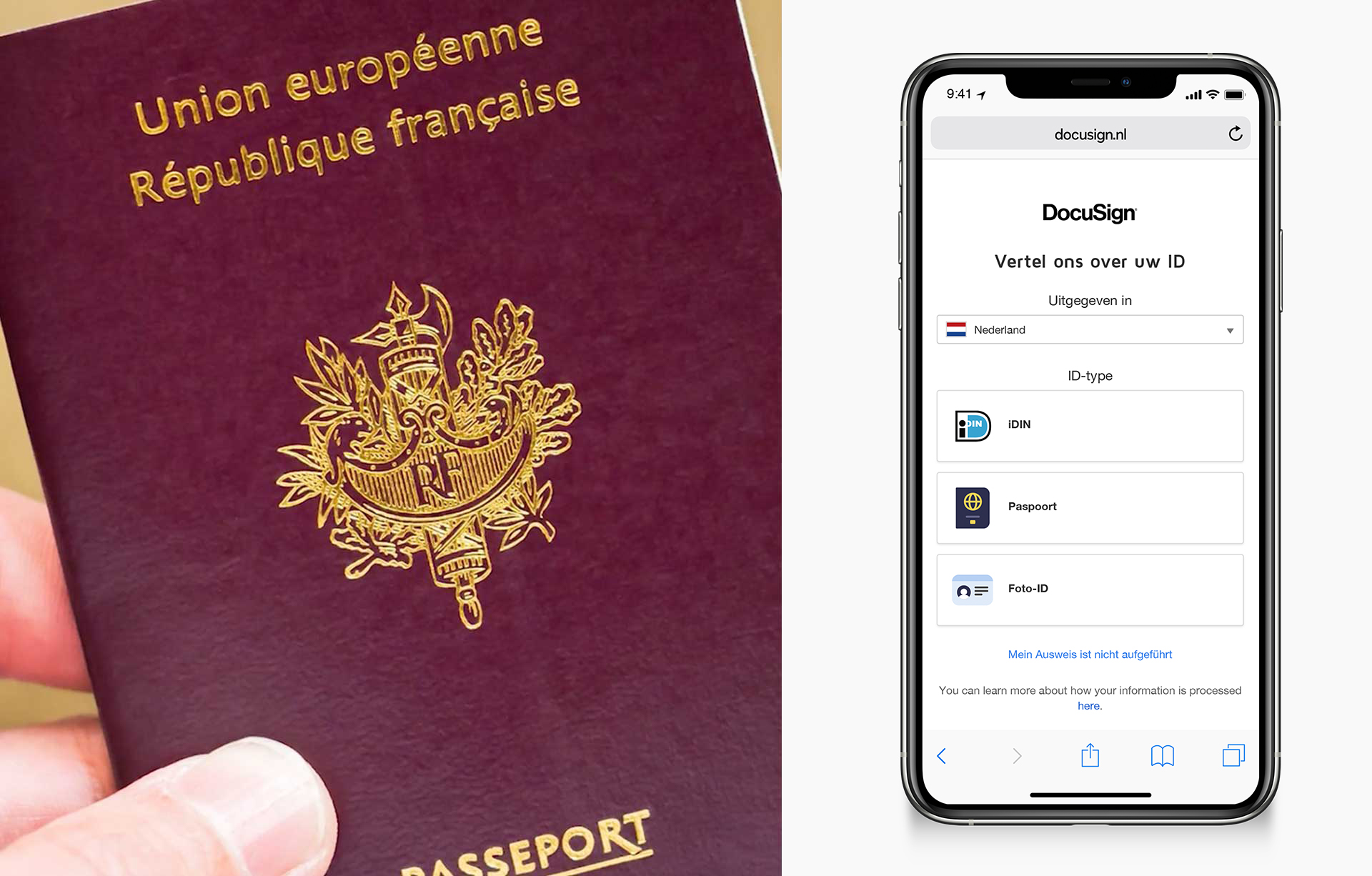 Een tweedelige foto met links een hand die een paspoort vasthoudt, en rechts een telefoon waarop “Vertel ons over jouw ID” wordt getoond.